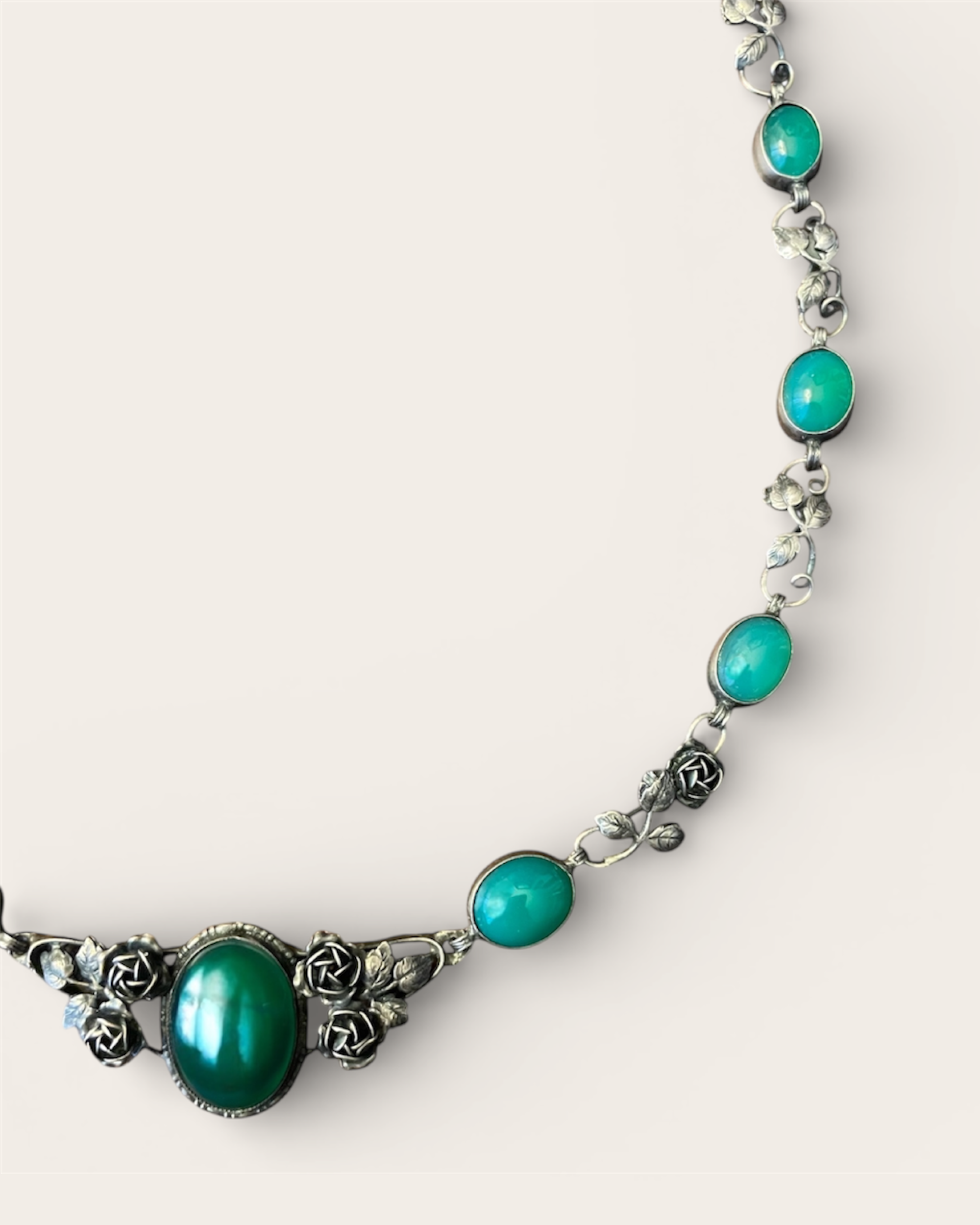 Etruscan-style Silver tone Necklace with Green Glass Cabochons
