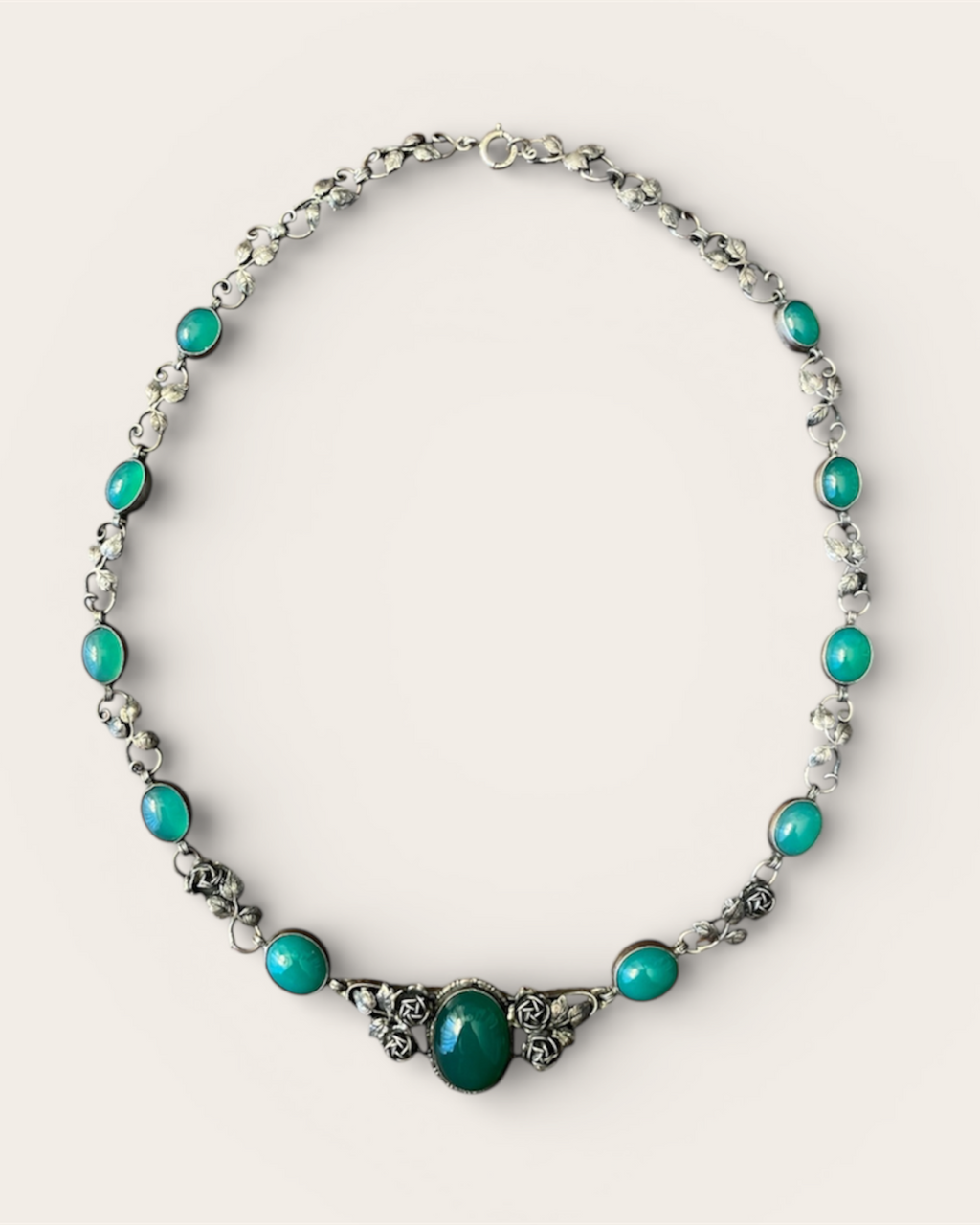 Etruscan-style Silver tone Necklace with Green Glass Cabochons