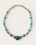 Etruscan-style Silver tone Necklace with Green Glass Cabochons