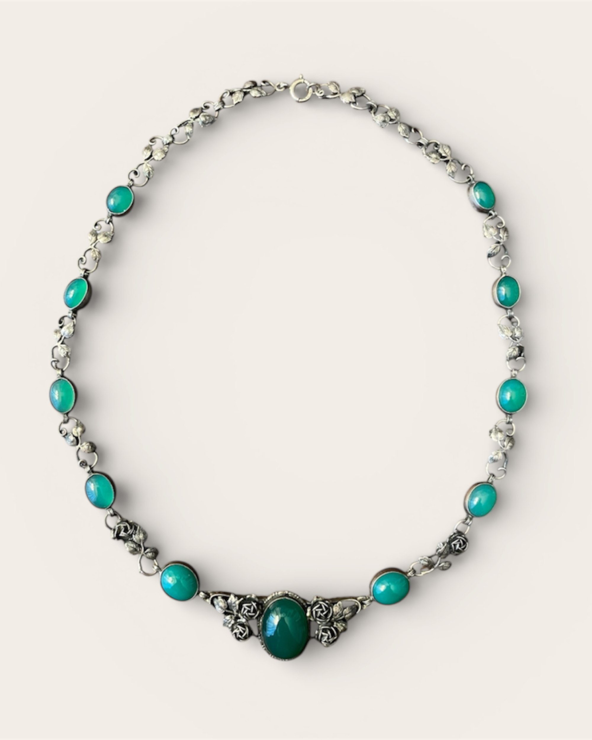 Etruscan-style Silver tone Necklace with Green Glass Cabochons